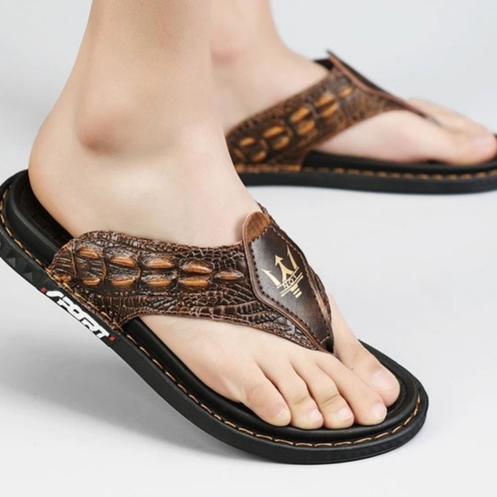 NEW Handmade Flip Flops Crocodile Grain Style Split Leather Men Casual Sandals